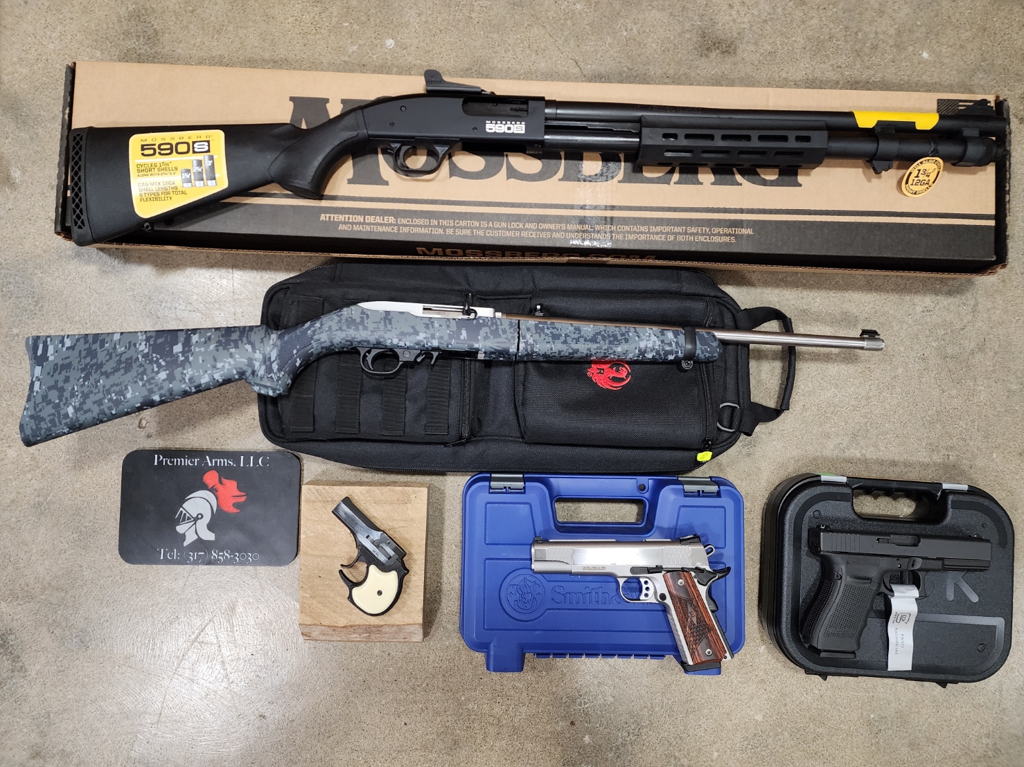Mossberg 590S, Ruger 10/22TD, Glock 21 Gen 4, Smith & Wesson 1911E